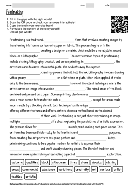 Worksheet With The Topic Printmaking MATERIALS SCHOOL worksheet-with-the-topic-printmaking-materials-school